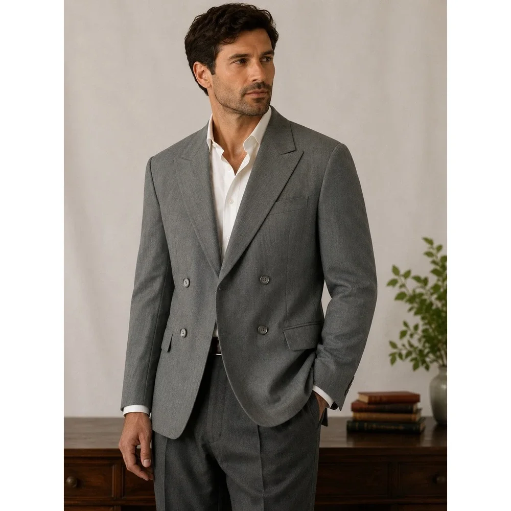 Haggar Gallery Mens Grey Pinstripe Double Breasted Blazer Peak Lapel Suit Jacket